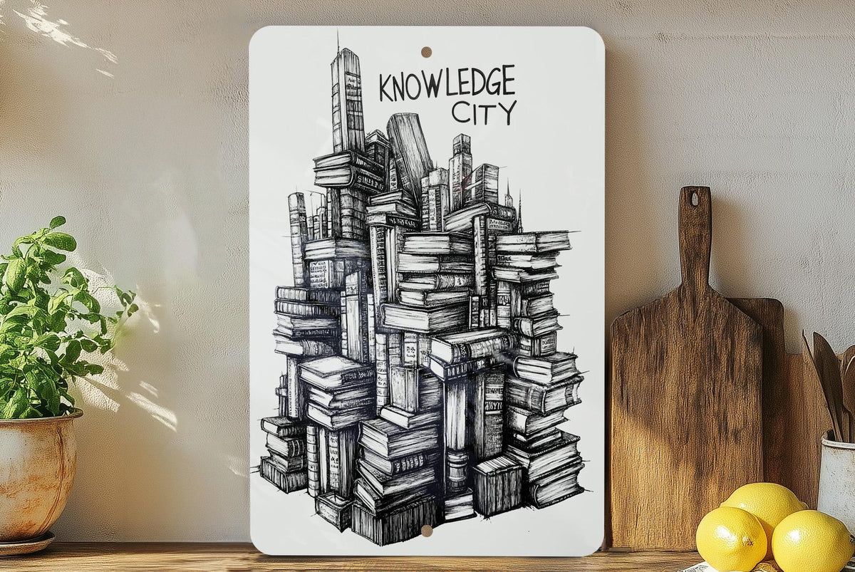 Monochrome Towers of Wisdom Metal Sign, Knowledge City Art, Stacked Books Wall Decor, Literary Home Decor, Black and White Art — photo 3