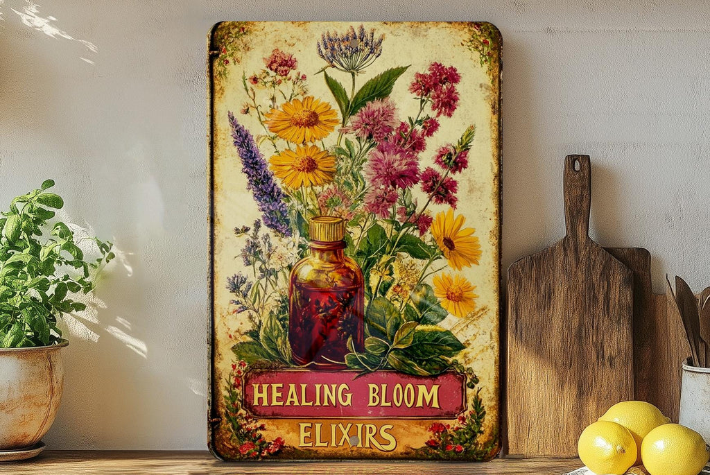 Vintage Style Tin Sign, Yarrow Herbal Apothecary, Healing Bloom Elixirs, Metal Sign, Retro Decor — photo 1