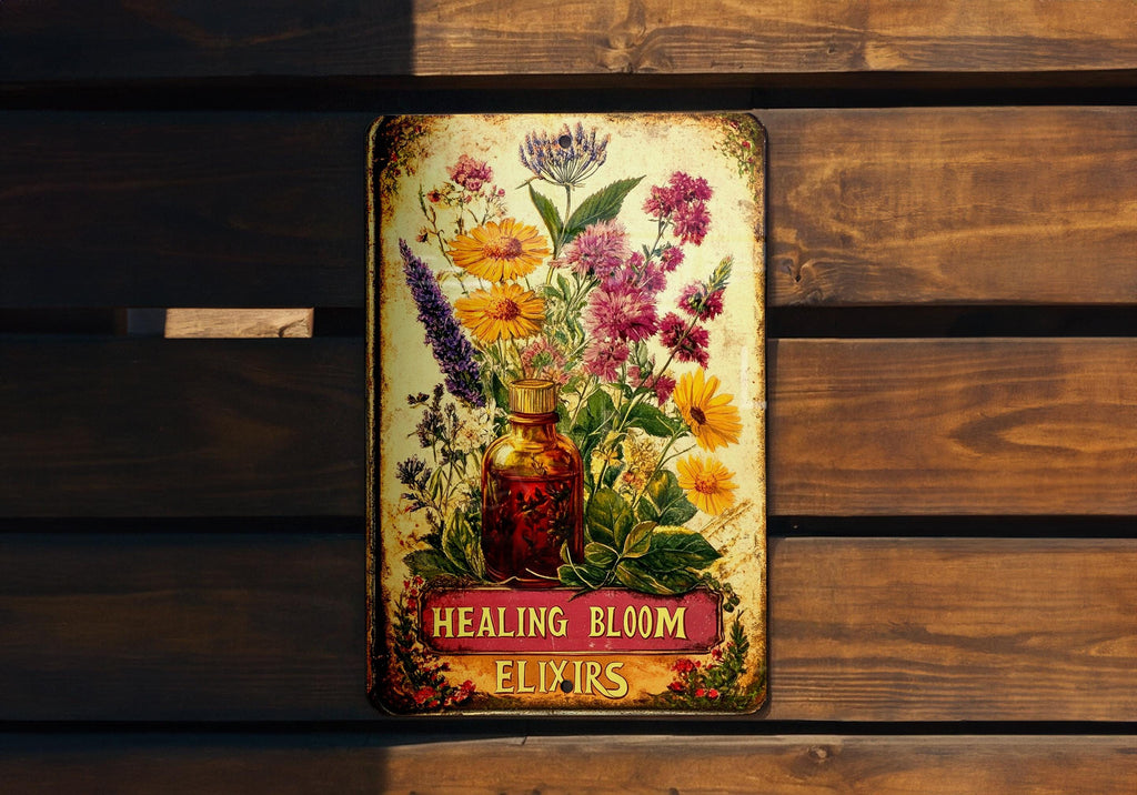 Vintage Style Tin Sign, Yarrow Herbal Apothecary, Healing Bloom Elixirs, Metal Sign, Retro Decor — photo 4