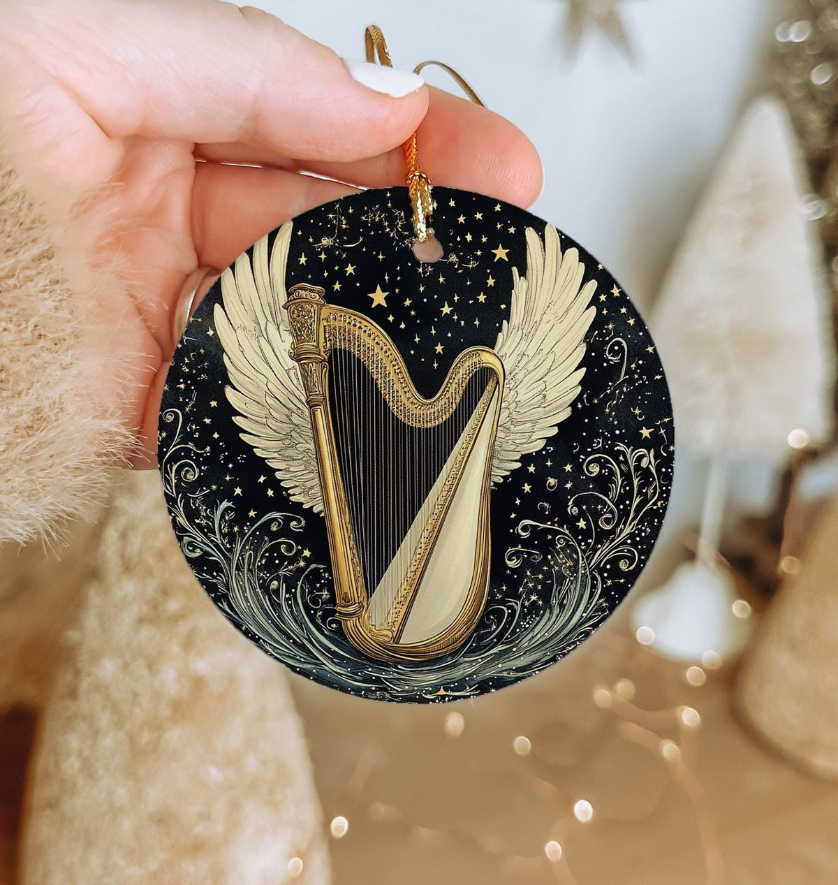 Angelic Harp Wings Ceramic Ornament, Starry Design, Circular Home Decor, Heavenly Gift, Unique Keepsake — photo 1