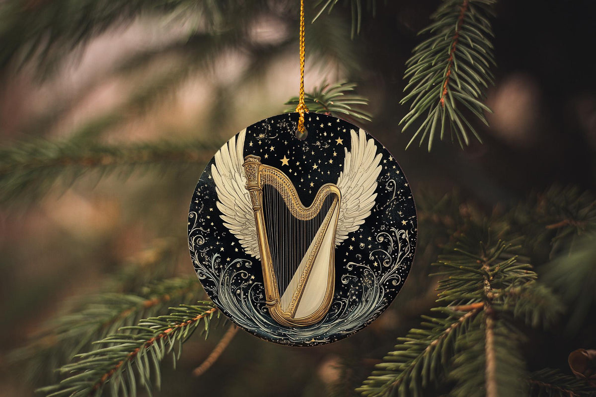 Angelic Harp Wings Ceramic Ornament, Starry Design, Circular Home Decor, Heavenly Gift, Unique Keepsake — photo 2