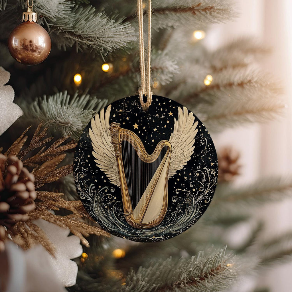 Angelic Harp Wings Ceramic Ornament, Starry Design, Circular Home Decor, Heavenly Gift, Unique Keepsake — photo 3