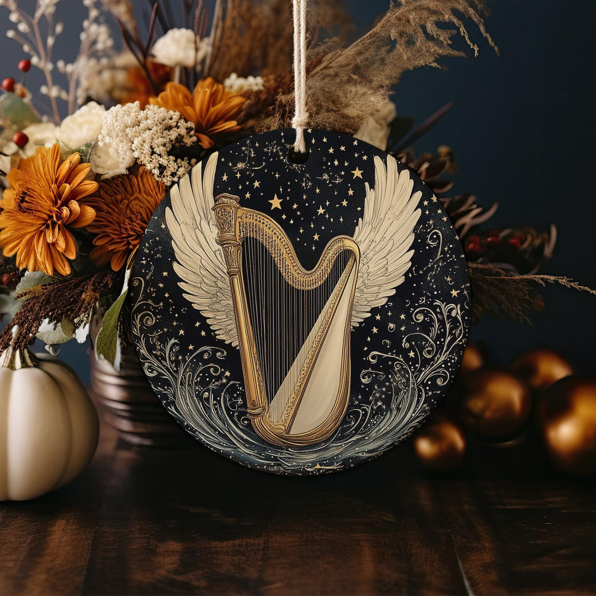 Angelic Harp Wings Ceramic Ornament, Starry Design, Circular Home Decor, Heavenly Gift, Unique Keepsake — photo 4