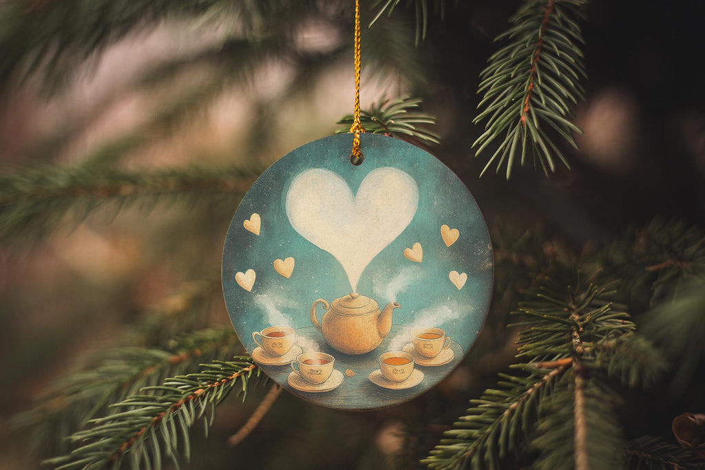 Whimsical Ceramic Ornament, Steaming Teapot Design, Heart Shape Cups, Circular Ornament, Unique Gift Idea — photo 1
