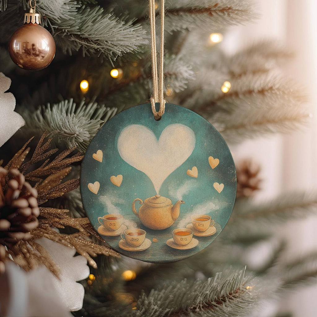 Whimsical Ceramic Ornament, Steaming Teapot Design, Heart Shape Cups, Circular Ornament, Unique Gift Idea — photo 2