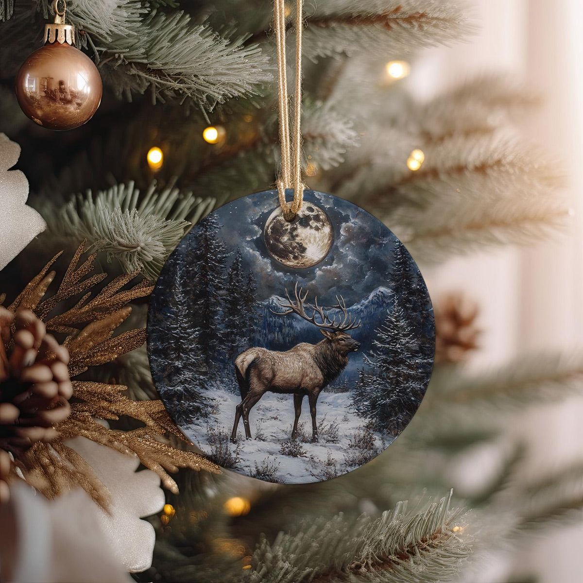 Majestic Elk Ceramic Ornament, Snowy Meadow Decor, Full Moon Art, Wildlife Painting, Circular Design Ornament — photo 1