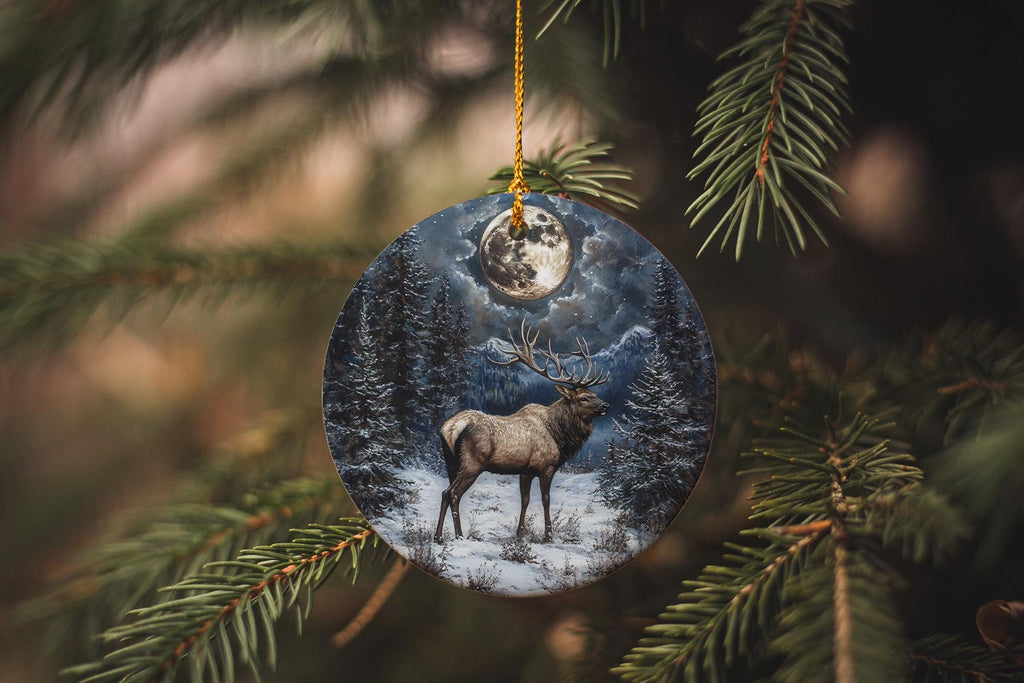 Majestic Elk Ceramic Ornament, Snowy Meadow Decor, Full Moon Art, Wildlife Painting, Circular Design Ornament — photo 2