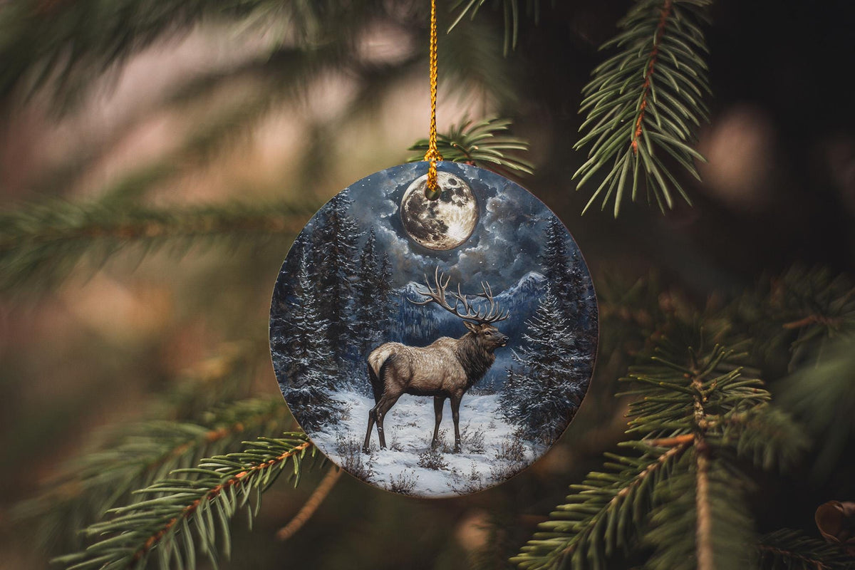 Majestic Elk Ceramic Ornament, Snowy Meadow Decor, Full Moon Art, Wildlife Painting, Circular Design Ornament — photo 2