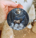 Majestic Elk Ceramic Ornament, Snowy Meadow Decor, Full Moon Art, Wildlife Painting, Circular Design Ornament — photo 3
