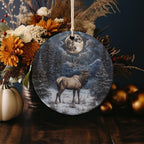 Majestic Elk Ceramic Ornament, Snowy Meadow Decor, Full Moon Art, Wildlife Painting, Circular Design Ornament — photo 4