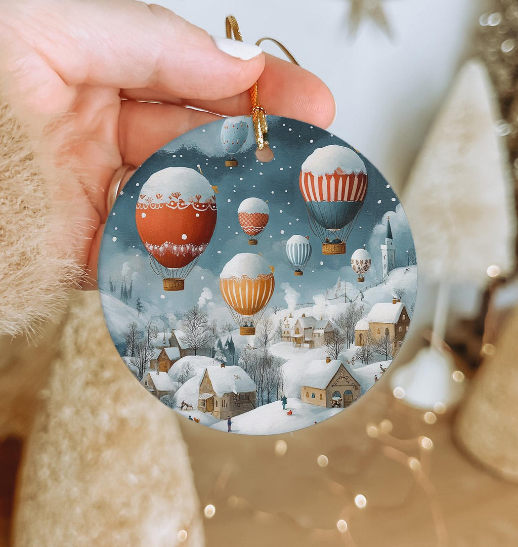 Ceramic Ornament Hot Air Balloons, Snowy Landscape Decor, Whimsical Christmas, Circular Design Ornament, Holiday Home Accent — photo 1