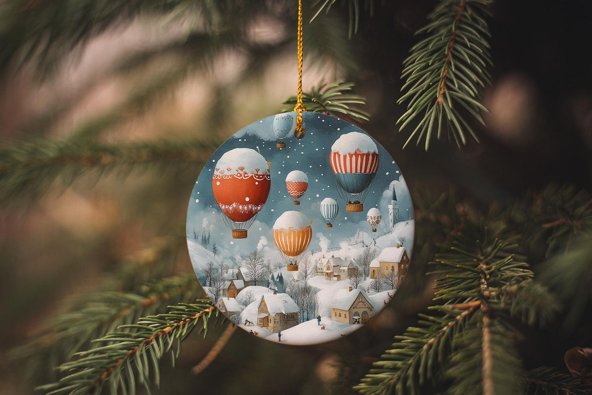 Ceramic Ornament Hot Air Balloons, Snowy Landscape Decor, Whimsical Christmas, Circular Design Ornament, Holiday Home Accent — photo 2