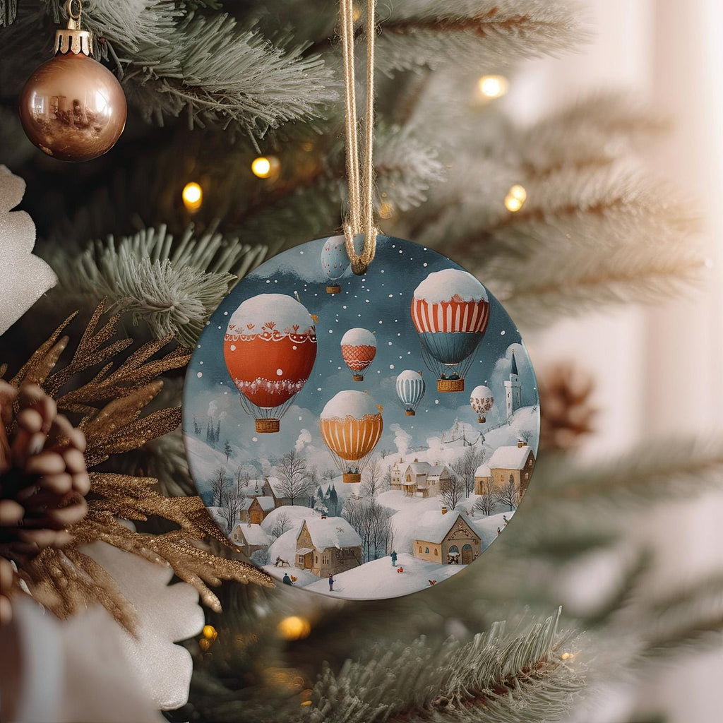 Ceramic Ornament Hot Air Balloons, Snowy Landscape Decor, Whimsical Christmas, Circular Design Ornament, Holiday Home Accent — photo 3
