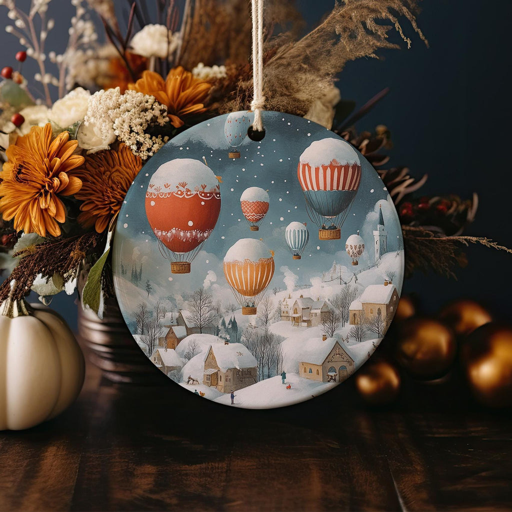 Ceramic Ornament Hot Air Balloons, Snowy Landscape Decor, Whimsical Christmas, Circular Design Ornament, Holiday Home Accent — photo 4