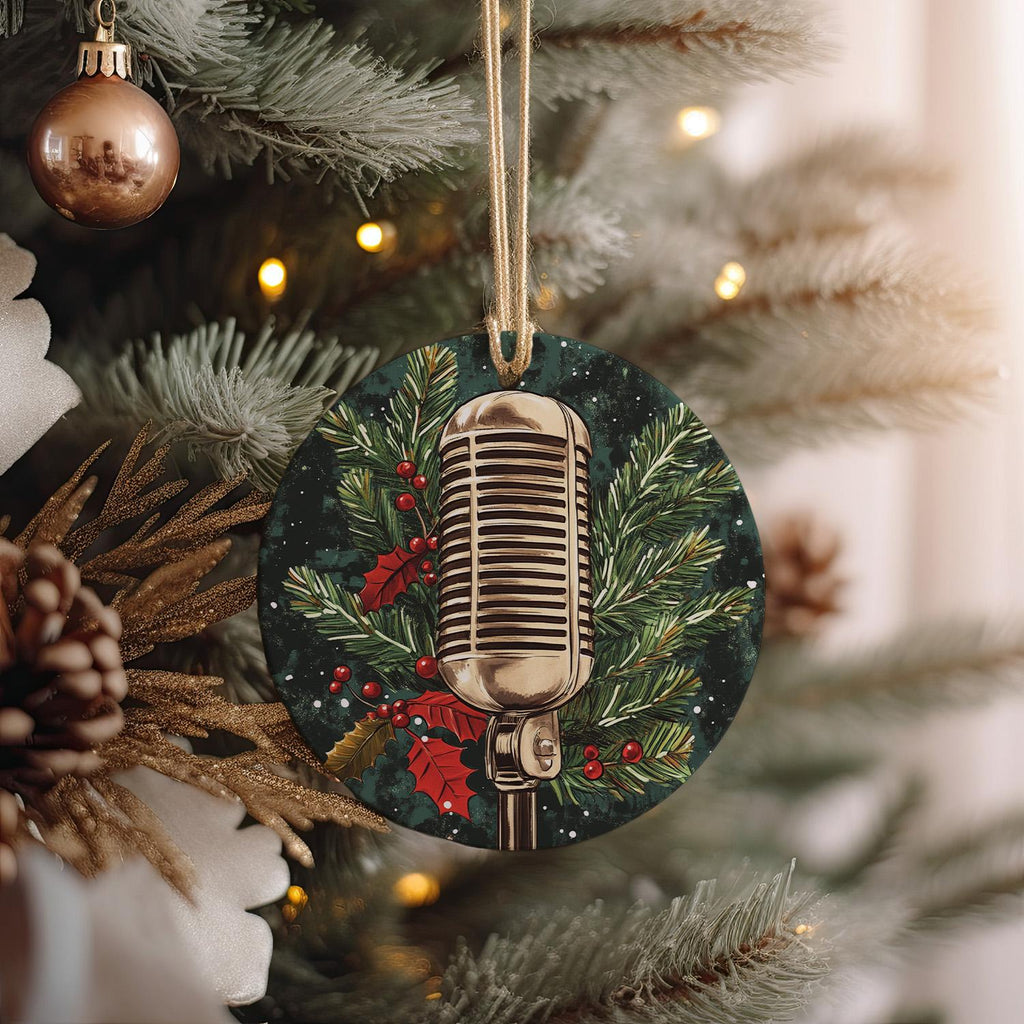 Retro Microphone Ceramic Ornament, Holiday Caroling Decor, Circular Design Gift, Vintage Style Decoration, Christmas Tree Accessory — photo 1