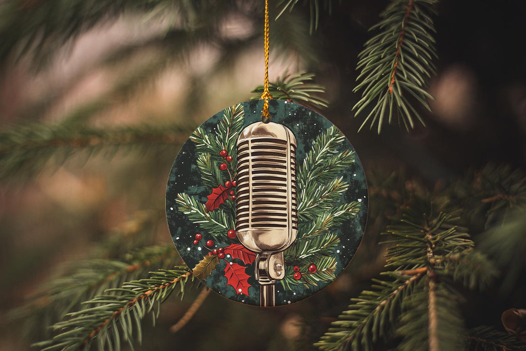 Retro Microphone Ceramic Ornament, Holiday Caroling Decor, Circular Design Gift, Vintage Style Decoration, Christmas Tree Accessory — photo 2
