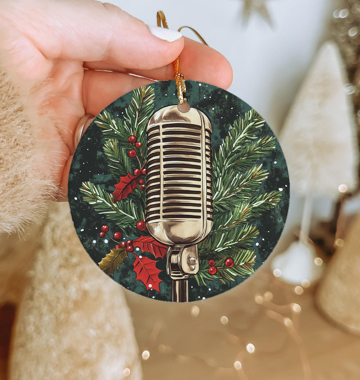 Retro Microphone Ceramic Ornament, Holiday Caroling Decor, Circular Design Gift, Vintage Style Decoration, Christmas Tree Accessory — photo 3
