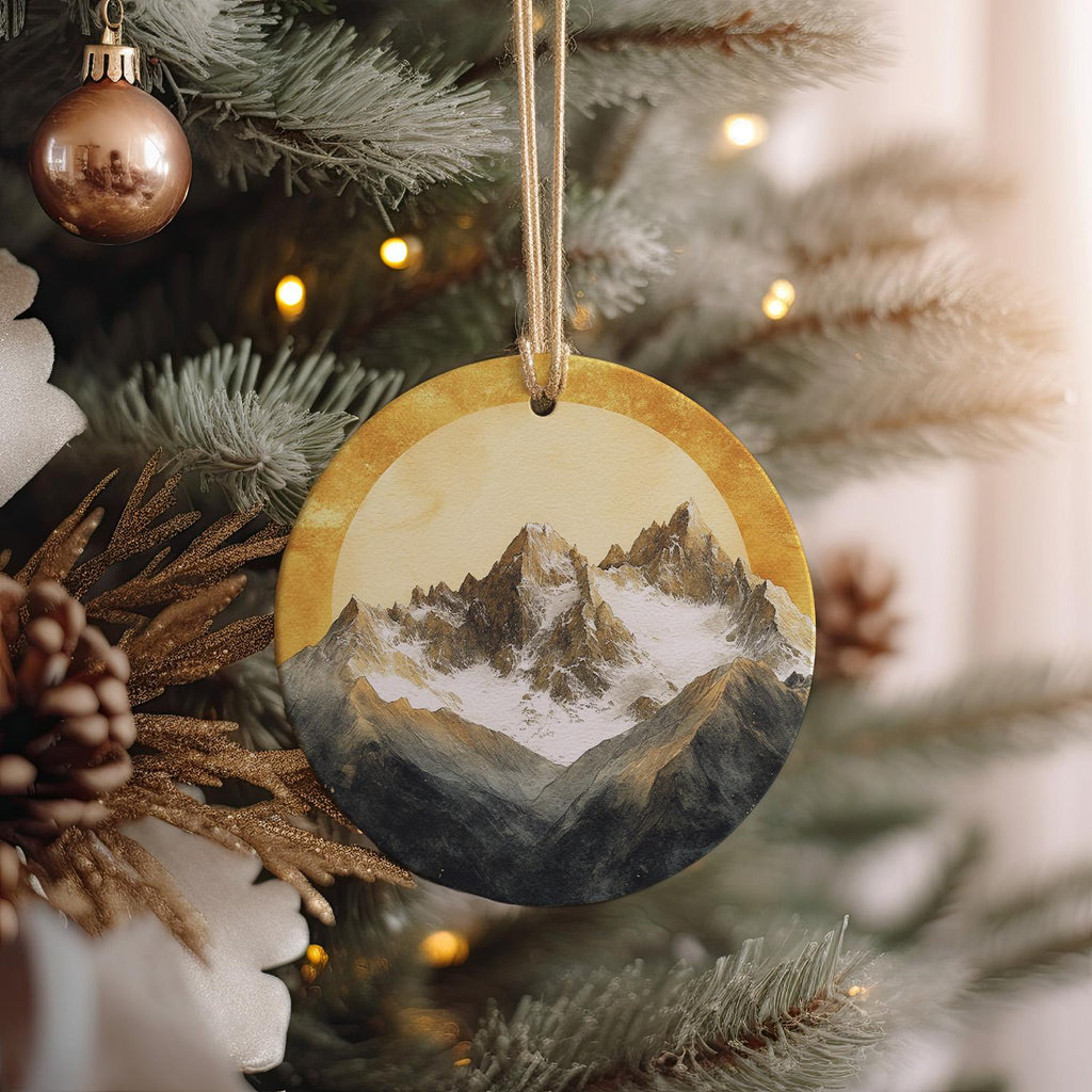 Snow-Capped Mountains Ceramic Ornament, Watercolor Sunrise, Golden Sunrise Decor, Circular Design Ornament, Mountain Home Accessory — photo 1