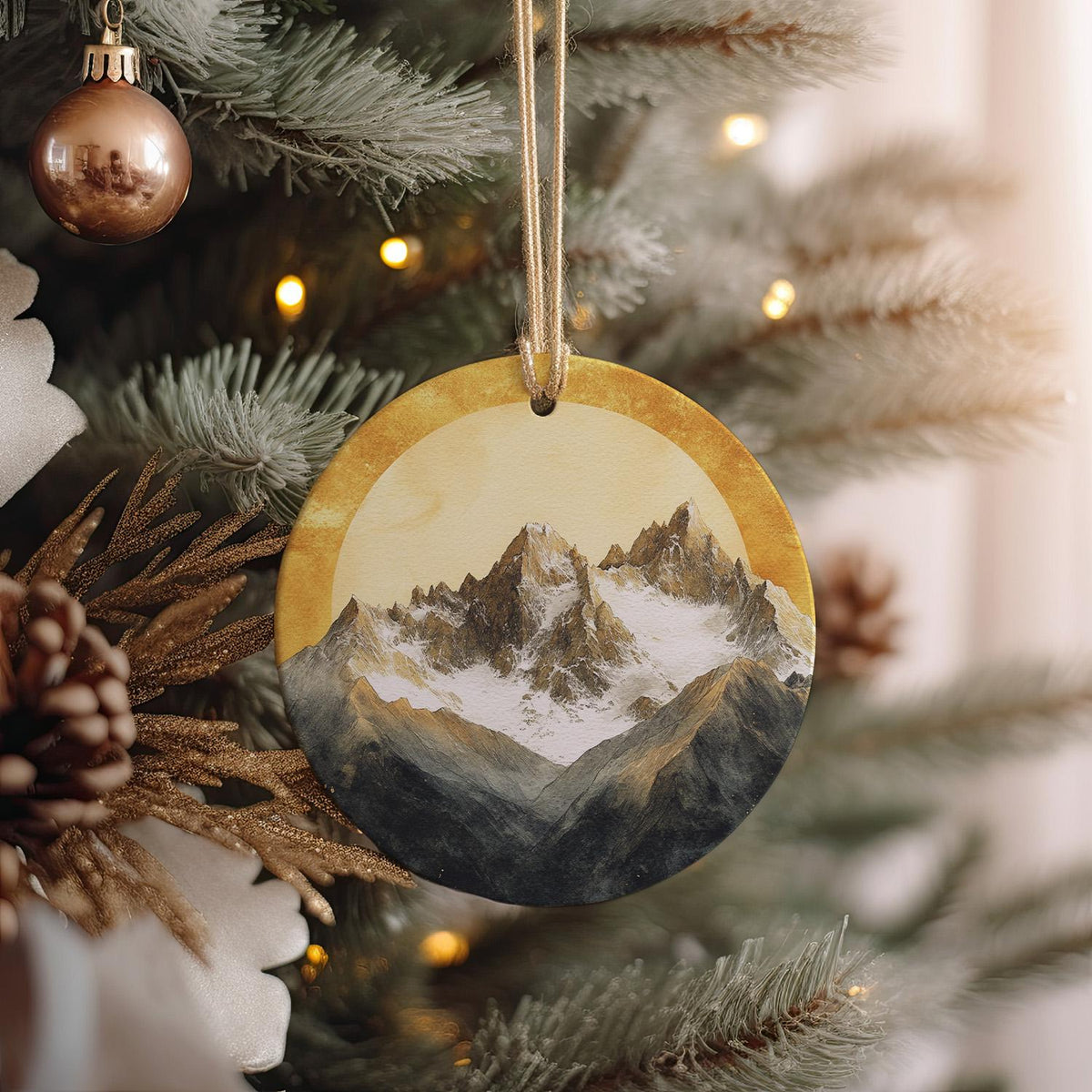 Snow-Capped Mountains Ceramic Ornament, Watercolor Sunrise, Golden Sunrise Decor, Circular Design Ornament, Mountain Home Accessory — photo 1