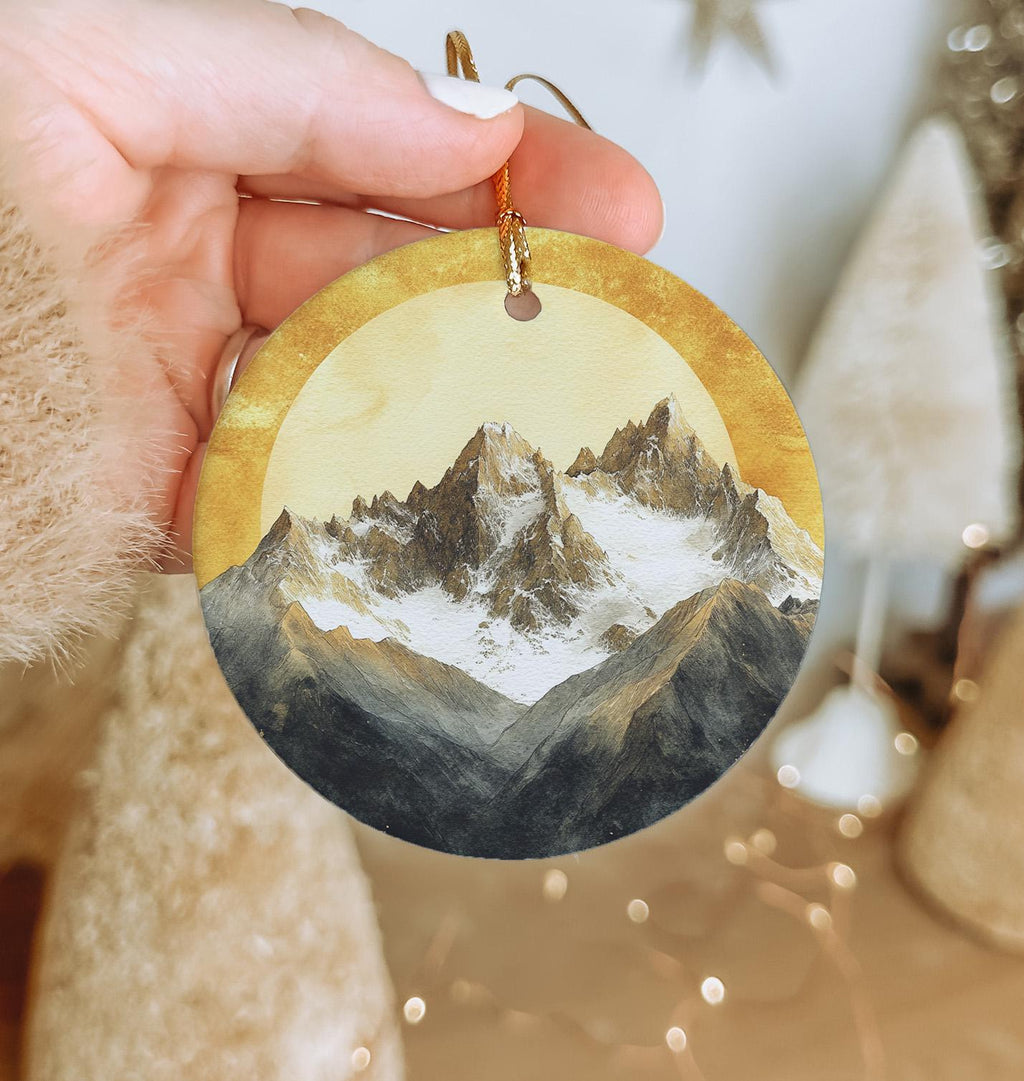 Snow-Capped Mountains Ceramic Ornament, Watercolor Sunrise, Golden Sunrise Decor, Circular Design Ornament, Mountain Home Accessory — photo 2