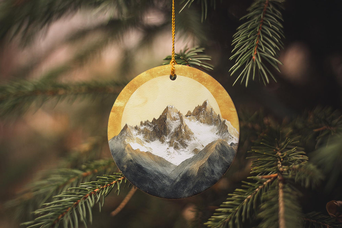 Snow-Capped Mountains Ceramic Ornament, Watercolor Sunrise, Golden Sunrise Decor, Circular Design Ornament, Mountain Home Accessory — photo 3