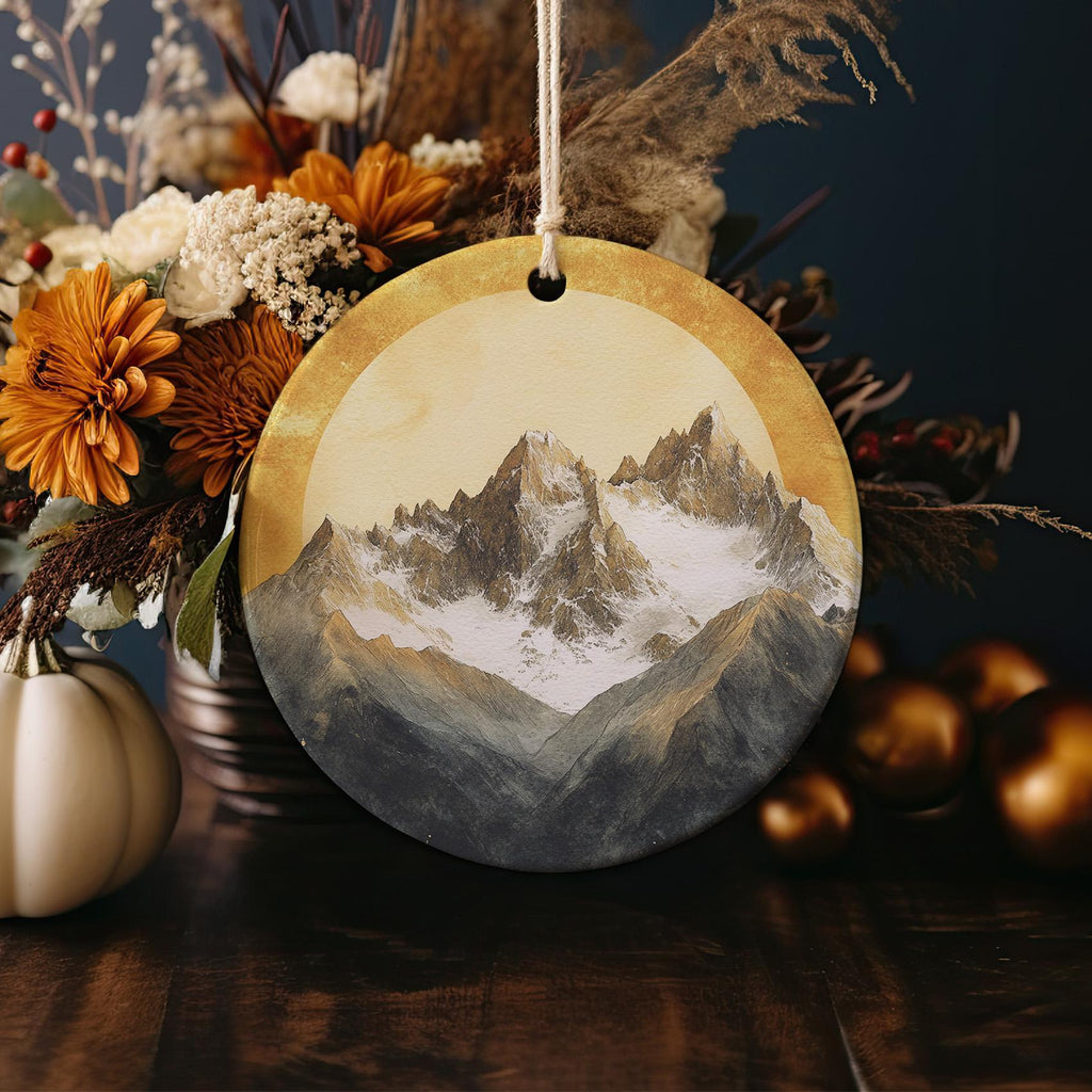 Snow-Capped Mountains Ceramic Ornament, Watercolor Sunrise, Golden Sunrise Decor, Circular Design Ornament, Mountain Home Accessory — photo 4