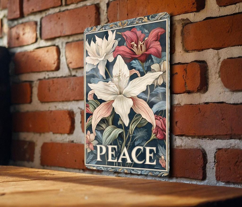 Metal Sign Art Nouveau, Floral Border Design, Peace Text Decor, Vintage Style Sign, Home Decoration Idea — photo 3