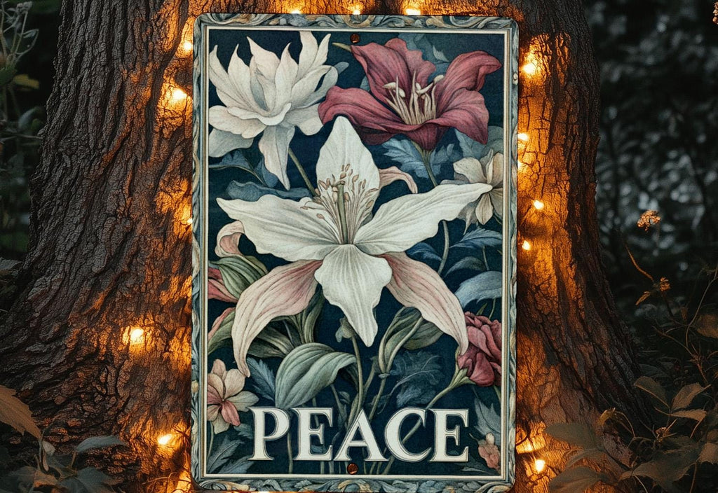 Metal Sign Art Nouveau, Floral Border Design, Peace Text Decor, Vintage Style Sign, Home Decoration Idea — photo 4