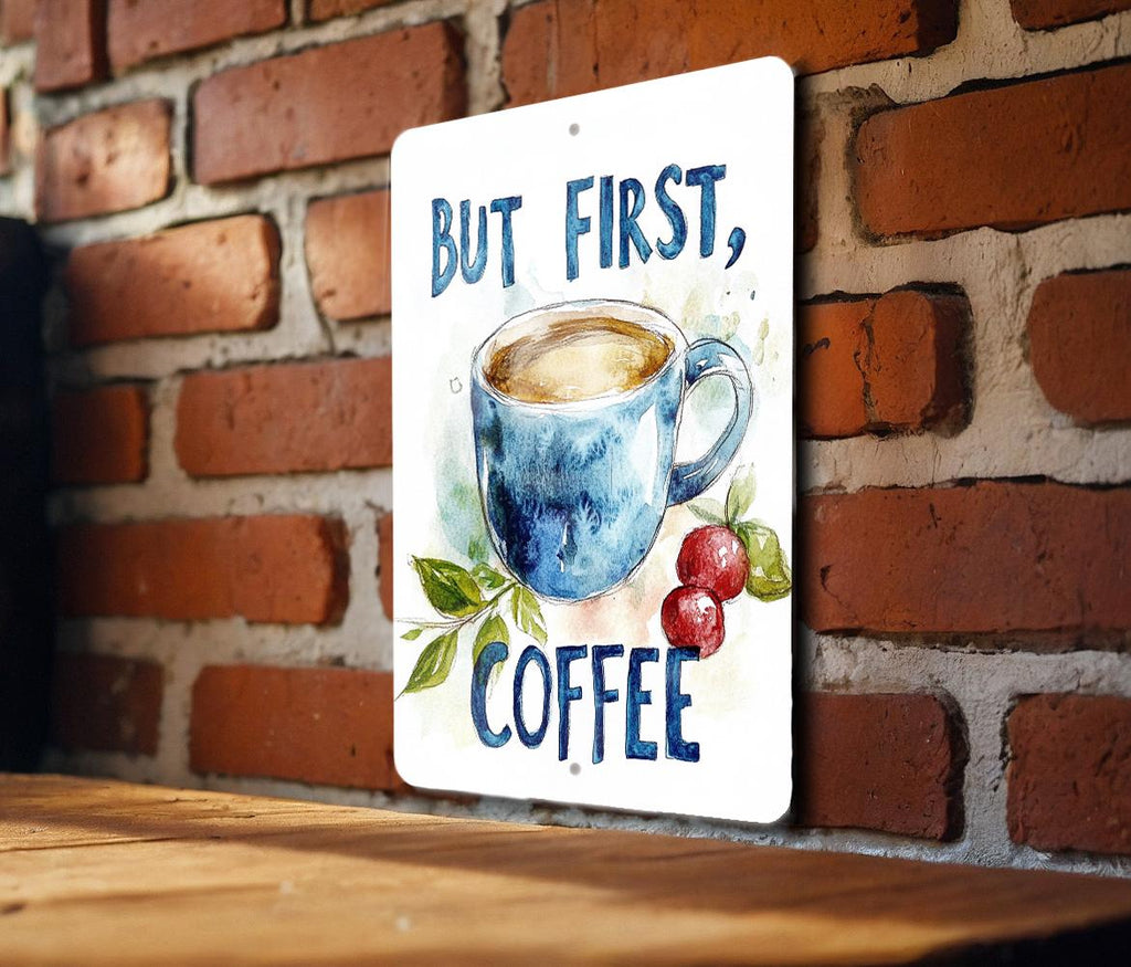 But First, Coffee Metal Sign, Watercolor Painting, Coffee Cup Art, Kitchen Decor, Cafe Wall Hanging — photo 2