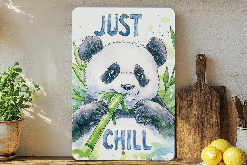Metal Sign Panda Eating Bamboo, Just Chill Art, Watercolor Panda Decor, Bamboo Theme Decor, Wall Art Sign — photo 1