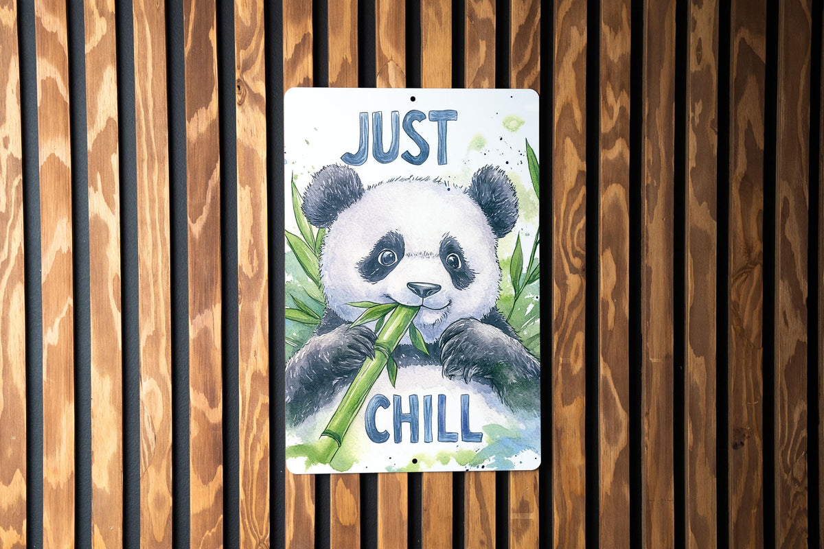 Metal Sign Panda Eating Bamboo, Just Chill Art, Watercolor Panda Decor, Bamboo Theme Decor, Wall Art Sign — photo 3