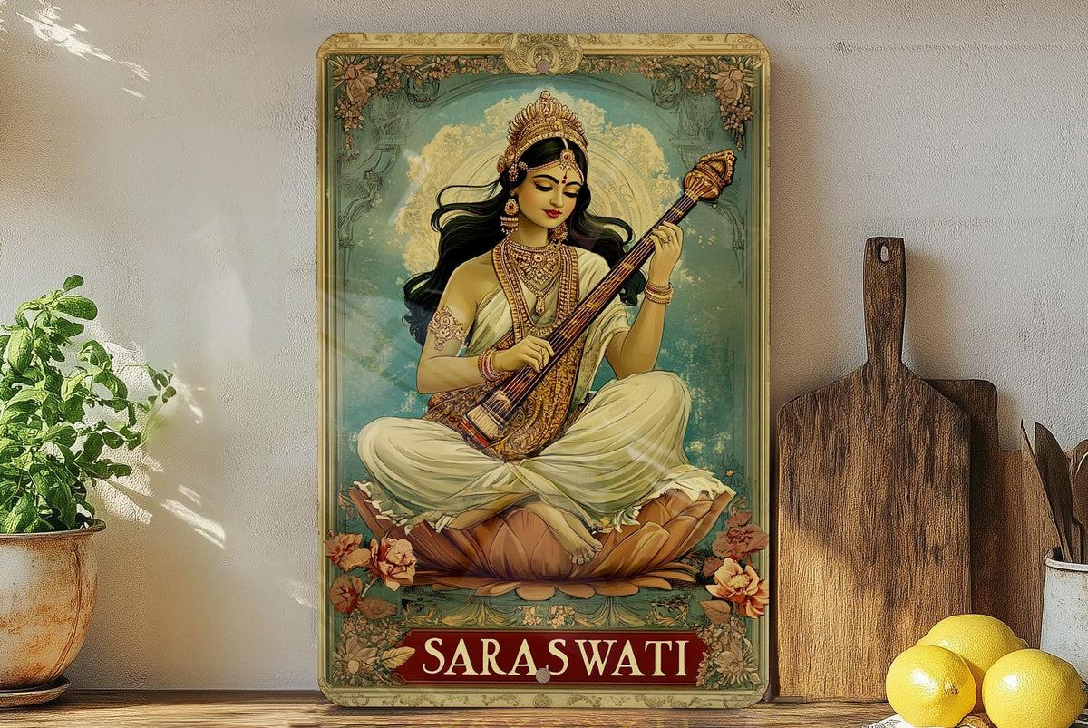 Saraswati Metal Sign, Indian Goddess Art, Traditional Hindu Decor, Spiritual Wall Hanging, Cultural Gift — photo 1