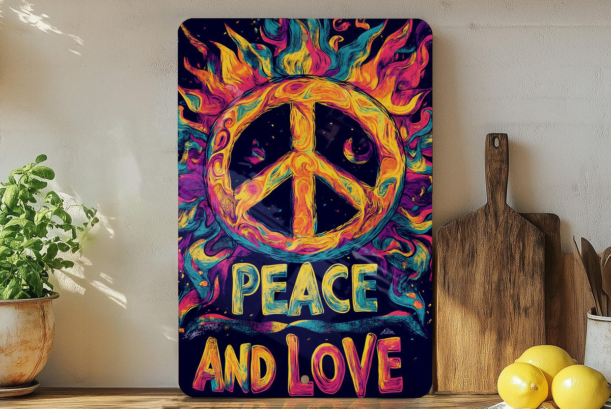 70s Peace Sign Metal Sign, Psychedelic Decor, Love Wall Art, Retro Home Accessory, Vintage Style Plaque — photo 2