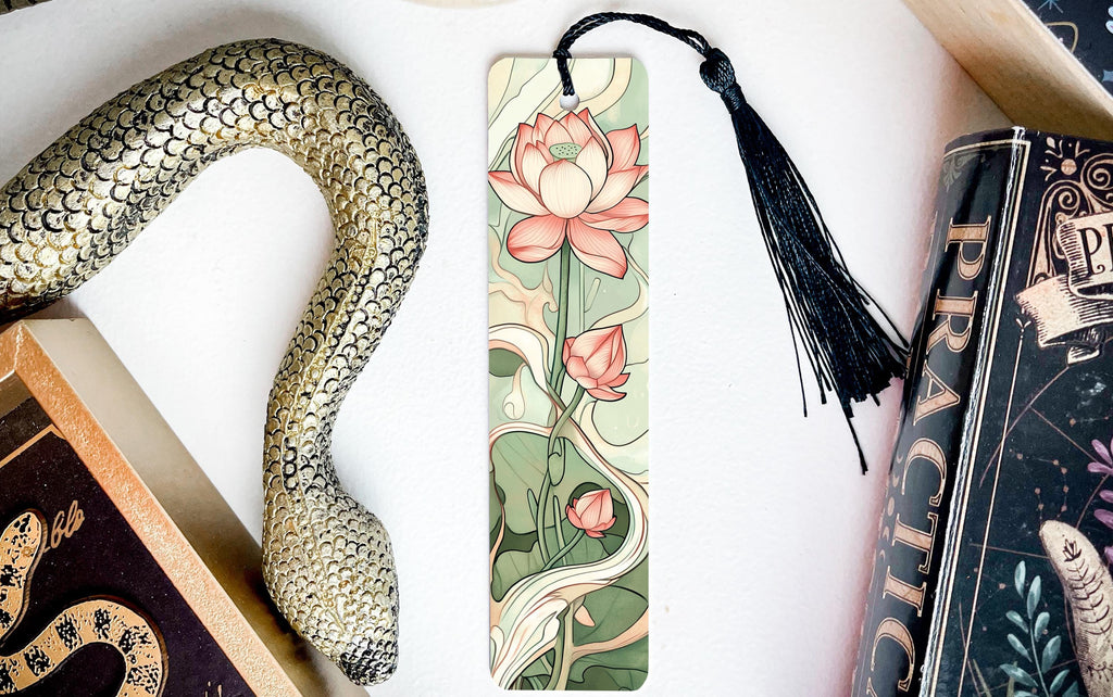 Whispering Lotus Elegance Metal Bookmark, Soft Pink Petals, Pastel Greens Bookmark, Nature-Inspired Bookmark, Elegant Metal Bookmark — photo 1