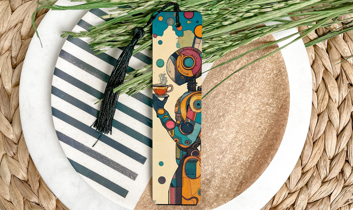 Colorful Contemplation Metal Bookmark, Retro Futuristic Art, Vibrant Teal Orange, Unique Gift, Collectible Bookmark — photo 1