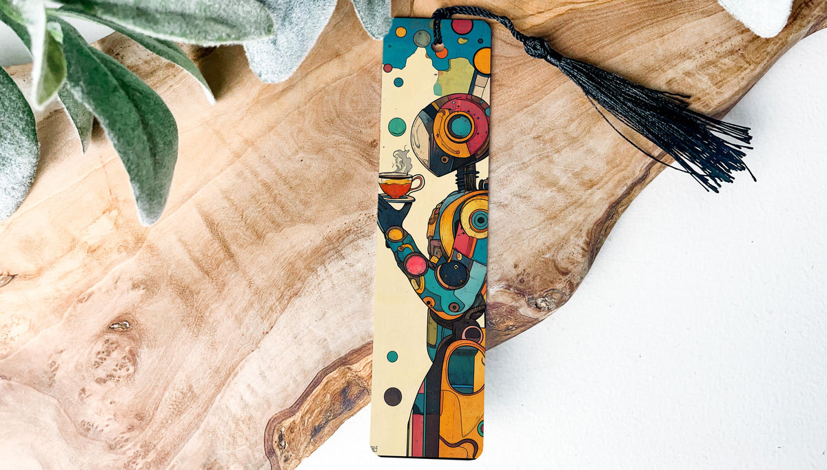 Colorful Contemplation Metal Bookmark, Retro Futuristic Art, Vibrant Teal Orange, Unique Gift, Collectible Bookmark — photo 2
