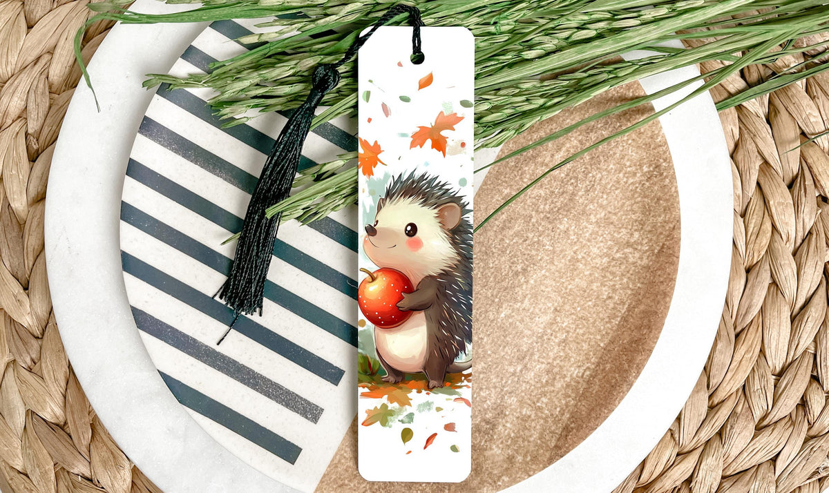 Autumn Whimsy Hedgehog Bookmark, Metal Bookmark, Ruby Apple Design, Fall Leaves, Gift for Readers — photo 1
