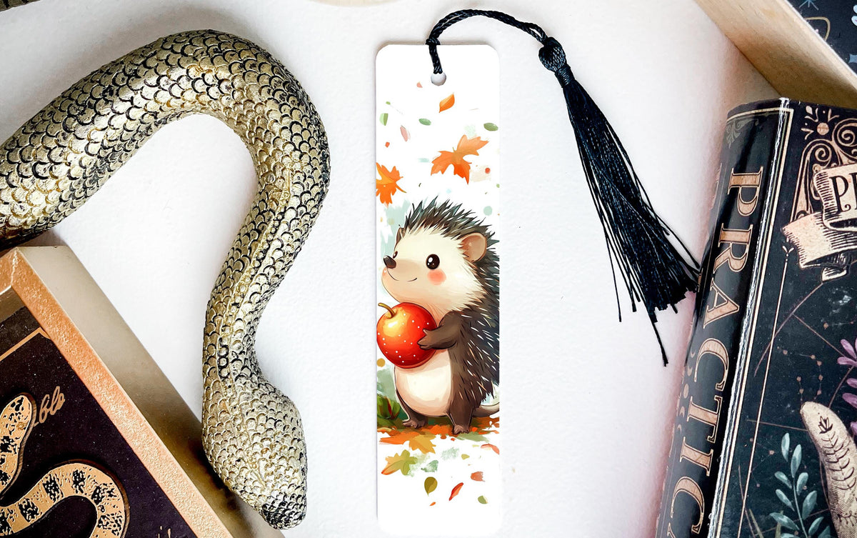 Autumn Whimsy Hedgehog Bookmark, Metal Bookmark, Ruby Apple Design, Fall Leaves, Gift for Readers — photo 3