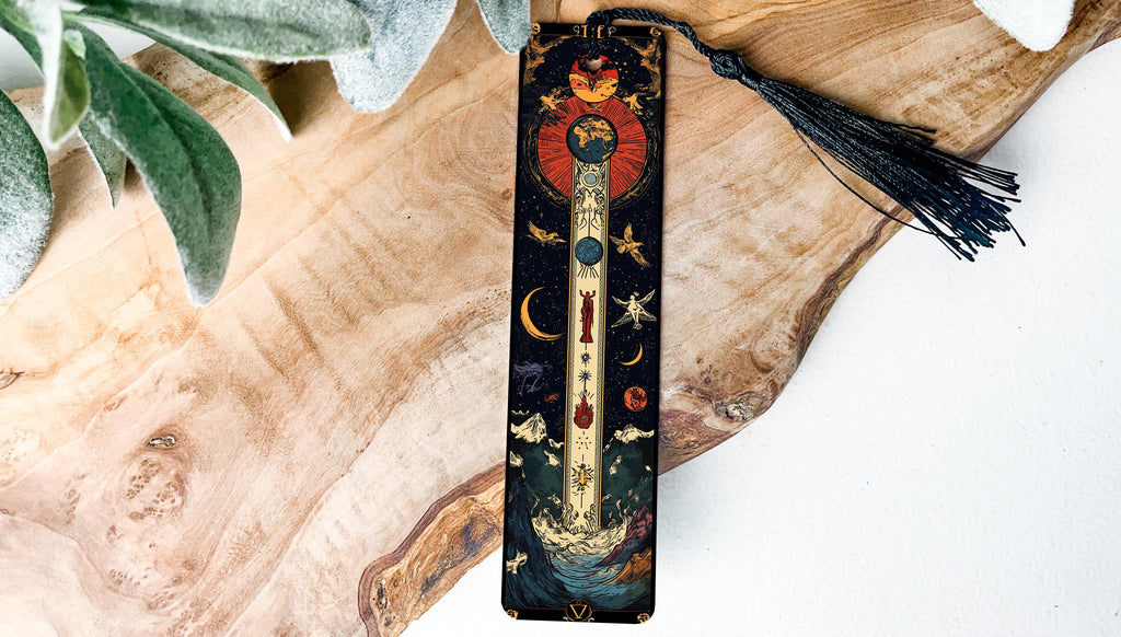 Celestial Harmony Metal Bookmark, Cosmic Journey Bookmark, Midnight Blues, Fiery Reds, Ancient Symbol Bookmark, Unique Gift — photo 2
