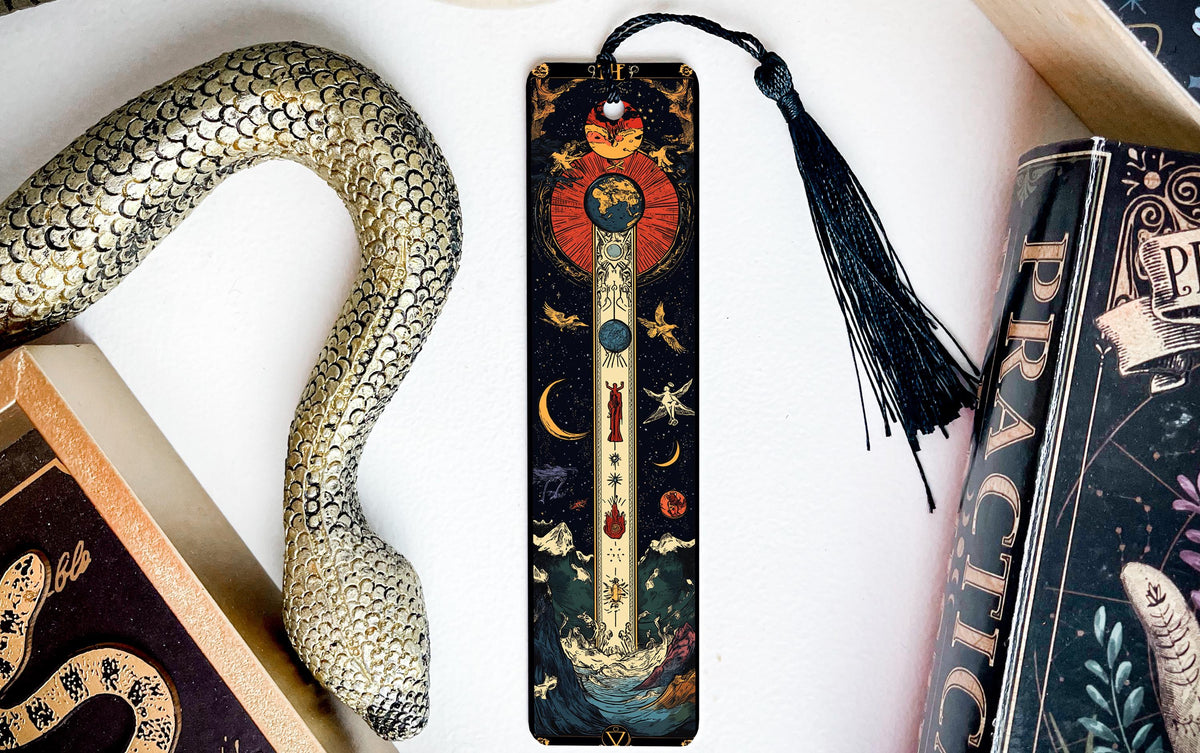 Celestial Harmony Metal Bookmark, Cosmic Journey Bookmark, Midnight Blues, Fiery Reds, Ancient Symbol Bookmark, Unique Gift — photo 3