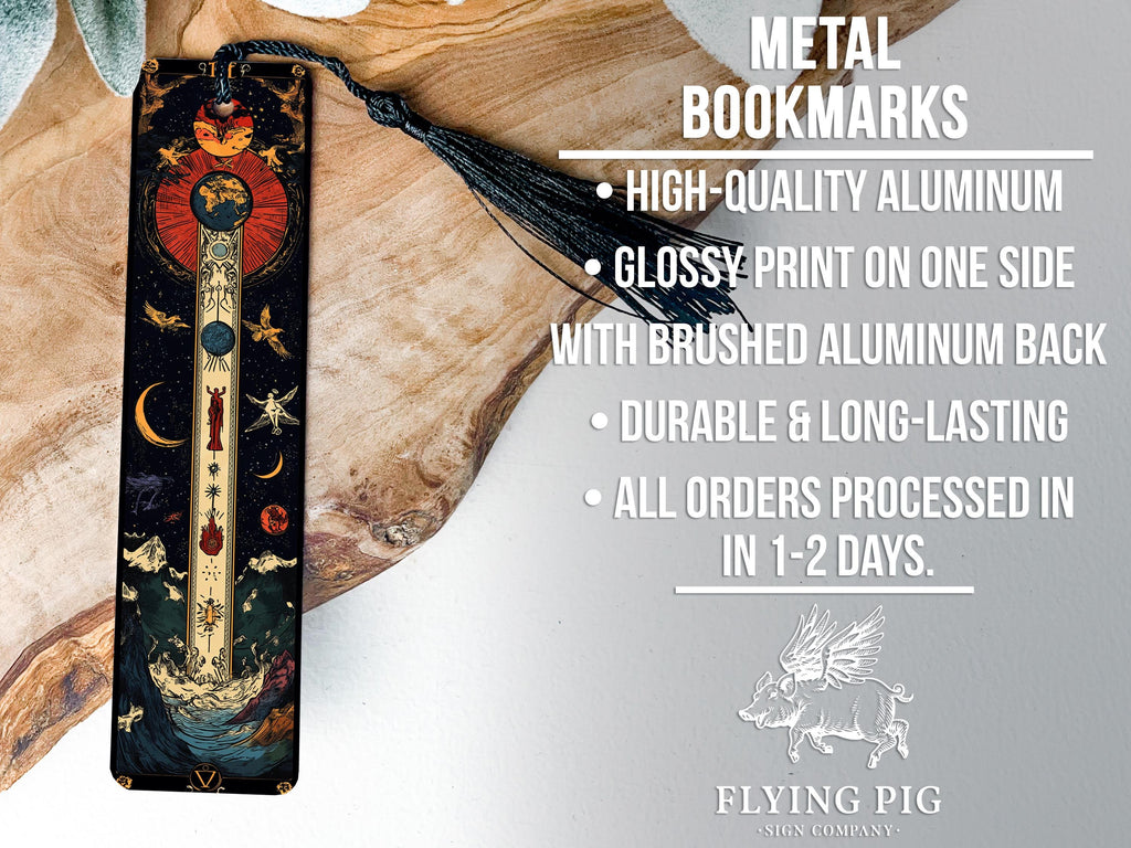 Celestial Harmony Metal Bookmark, Cosmic Journey Bookmark, Midnight Blues, Fiery Reds, Ancient Symbol Bookmark, Unique Gift — photo 4