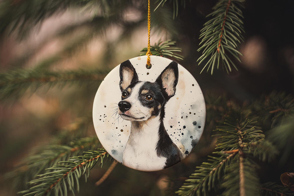 Rat Terrier Watercolor Ceramic Ornament, Circle Dog Portrait, Handcrafted Pet Decor, Unique Gift, Holiday Keepsake — photo 1