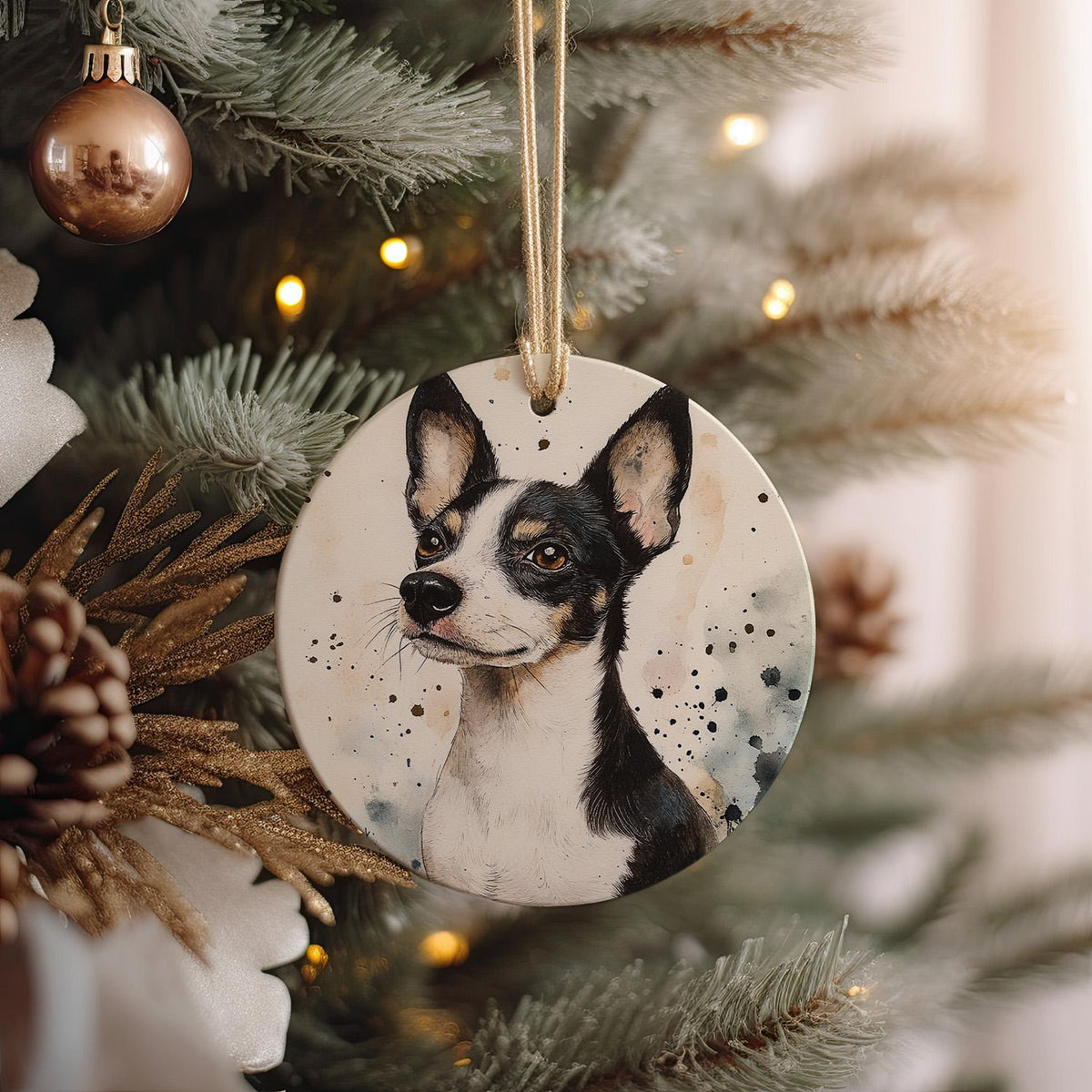 Rat Terrier Watercolor Ceramic Ornament, Circle Dog Portrait, Handcrafted Pet Decor, Unique Gift, Holiday Keepsake — photo 2