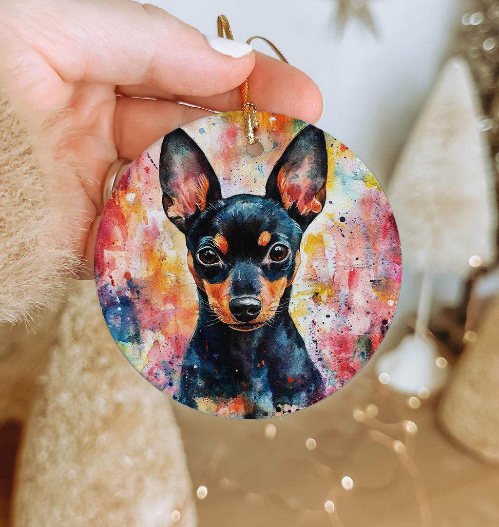 Miniature Pinscher Ceramic Ornament, Watercolor Dog Art, Circular Design, Pet Lover Gift, Holiday Decor, Handmade — photo 1