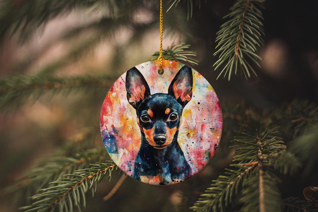 Miniature Pinscher Ceramic Ornament, Watercolor Dog Art, Circular Design, Pet Lover Gift, Holiday Decor, Handmade — photo 2