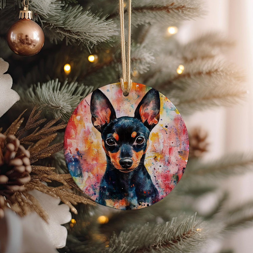 Miniature Pinscher Ceramic Ornament, Watercolor Dog Art, Circular Design, Pet Lover Gift, Holiday Decor, Handmade — photo 3