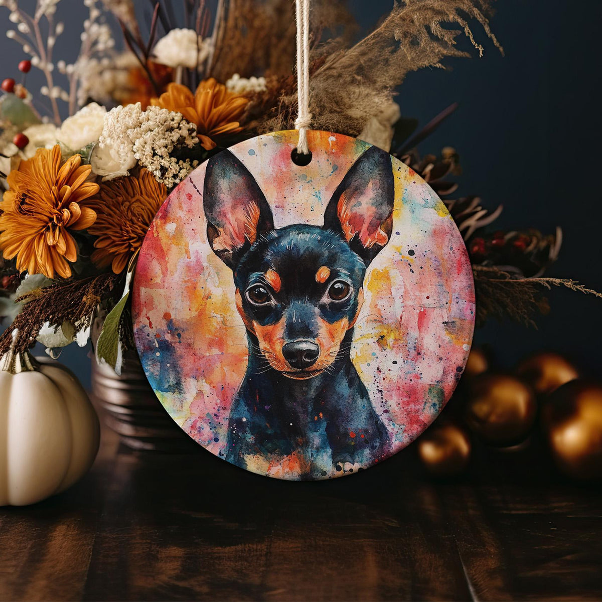 Miniature Pinscher Ceramic Ornament, Watercolor Dog Art, Circular Design, Pet Lover Gift, Holiday Decor, Handmade — photo 4