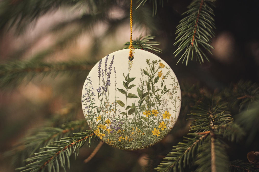 Vintage Botanical Ceramic Ornament, Meadow Illustration, Circular Design, Unique Home Decor, Gift for Nature Lovers — photo 1
