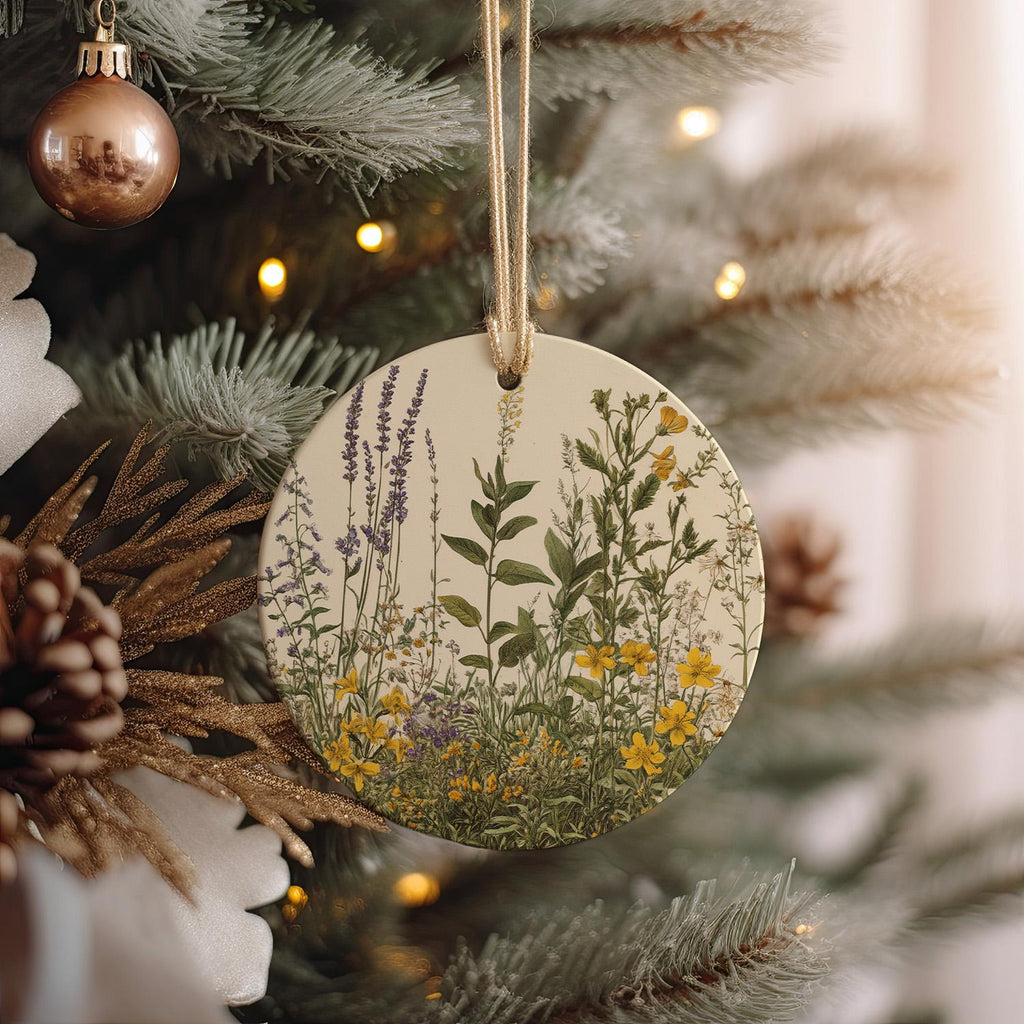 Vintage Botanical Ceramic Ornament, Meadow Illustration, Circular Design, Unique Home Decor, Gift for Nature Lovers — photo 2