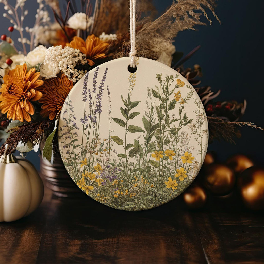 Vintage Botanical Ceramic Ornament, Meadow Illustration, Circular Design, Unique Home Decor, Gift for Nature Lovers — photo 4